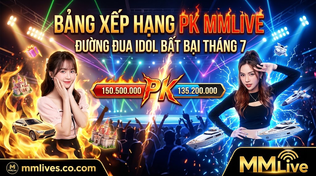 Ảnh đại diện Bảng xếp hạng PK MMLive tháng 7, vinh danh các chiến thần Idol bất bại trên đường đua PK liên server với cơn mưa quà tặng ảo và điểm cống hiến kỷ lục. Hình ảnh độc quyền từ invglobal.io.