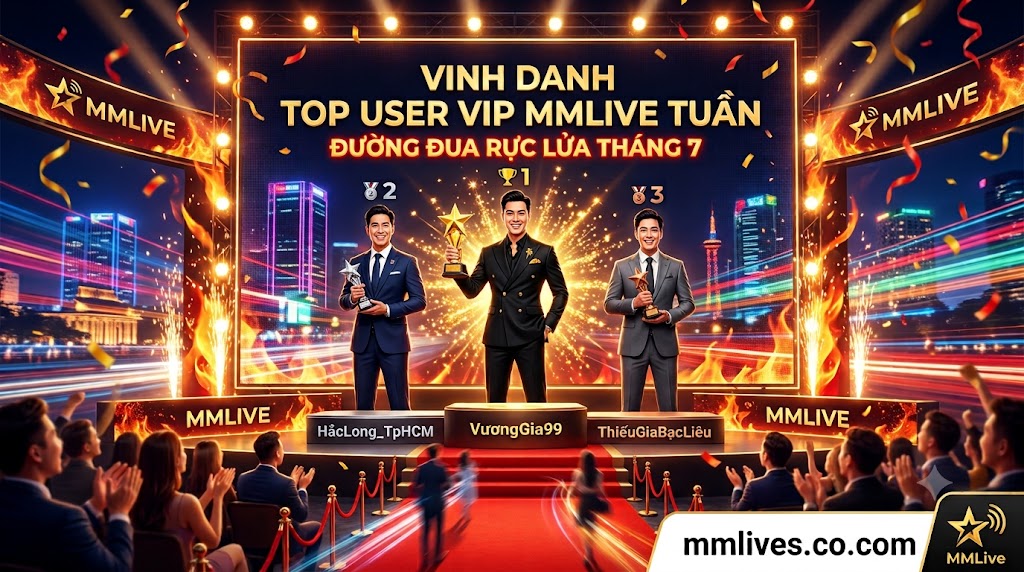 Bảng xếp hạng vinh danh Top User VIP MMLive tuần, gồm Top 3 đại gia dẫn đầu đường đua cống hiến tháng 7 trên sân khấu trao giải hoành tráng của nền tảng invglobal.io.