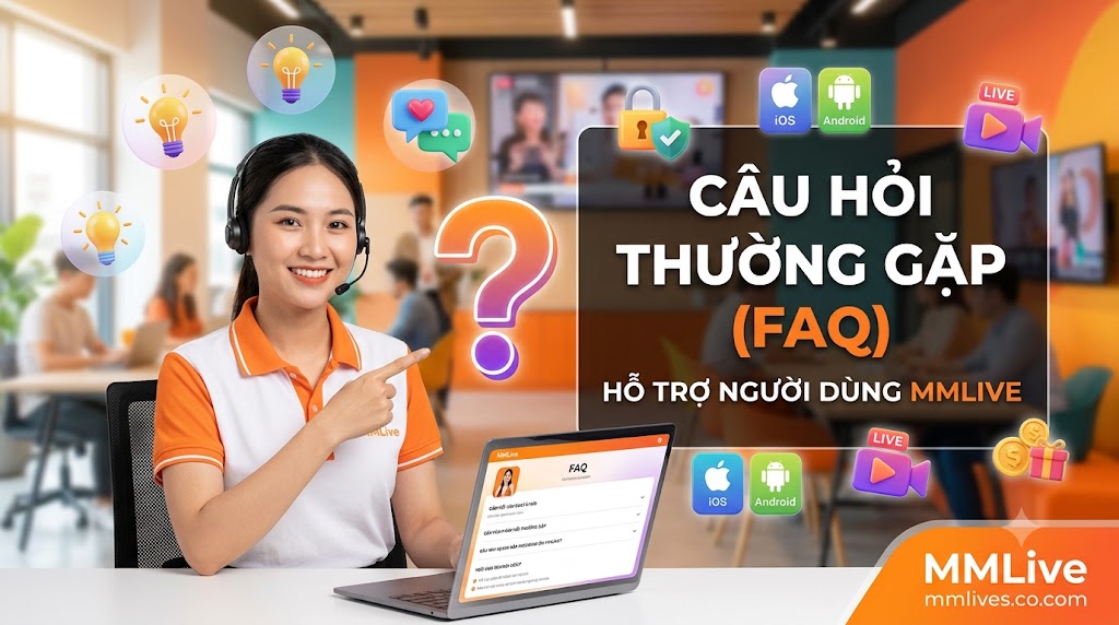 Hình ảnh nhân viên chăm sóc khách hàng MMLive mỉm cười hỗ trợ giải đáp các câu hỏi thường gặp (FAQ). Giao diện trực quan nổi bật các biểu tượng hệ điều hành iOS, Android, bảo mật tài khoản, cùng dòng chữ "Câu Hỏi Thường Gặp (FAQ) - Hỗ trợ người dùng MMLive" và tên miền invglobal.io.