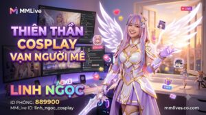 Banner hồ sơ Idol Cosplay MMLive Linh Ngọc, ID phòng 889900. Hình ảnh nữ streamer hóa trang thành nữ chiến binh thiên thần anime vô cùng xinh đẹp và lộng lẫy trong không gian phòng live, kèm dòng chữ 'Thiên thần Cosplay vạn người mê' và tên miền invglobal.io.