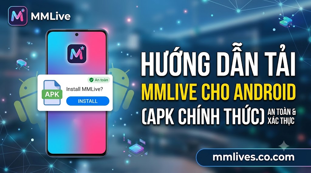 Ảnh minh họa hướng dẫn tải MMLive cho Android qua định dạng file APK chính thức, hiển thị giao diện cài đặt ứng dụng an toàn và xác thực.