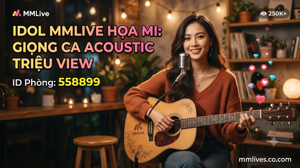 Banner hồ sơ Idol cover nhạc MMLive Họa Mi, ID phòng 558899. Hình ảnh nữ streamer xinh đẹp đang ôm đàn guitar acoustic mỉm cười trước micro trong không gian ấm cúng, kèm dòng chữ 'Giọng ca acoustic triệu view' và tên miền invglobal.io.