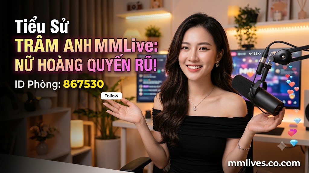 Banner hồ sơ idol Trâm Anh MMLive, giới thiệu 'Nữ hoàng quyến rũ!' với ID phòng 867530. Hình ảnh một nữ streamer trẻ mỉm cười trước thiết bị livestream, với các biểu tượng trái tim và kim cương bay lên. Bao gồm domain invglobal.io.