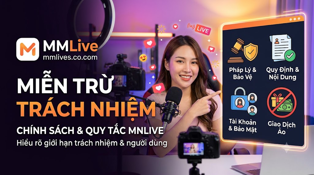 Hình ảnh một phụ nữ trẻ mỉm cười trong bối cảnh livestream, chỉ vào màn hình hiển thị bốn biểu tượng chính sách chính của nền tảng MM Live: Pháp Lý & Bảo Vệ, Quy Định & Nội Dung, Tài Khoản & Bảo Mật, và Giao Dịch Ảo. Văn bản lớn 'MIỄN TRỪ TRÁCH NHIỆM' và logo MM Live với tên miền invglobal.io hiển thị rõ ràng.