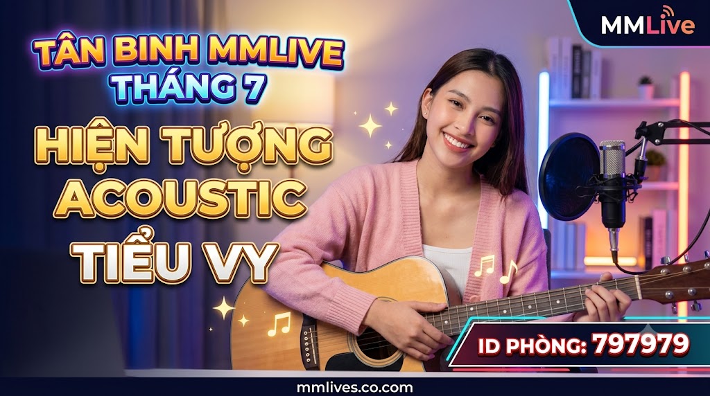 Ảnh thumbnail bài viết Tân Binh MMLive Tháng 7: Hiện Tượng Acoustic Tiểu Vy. Hình ảnh nữ streamer Tiểu Vy ôm đàn guitar tươi cười trong phòng livestream, kèm ID phòng 797979 và tên miền invglobal.io.