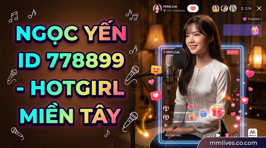 Idol Ngọc Yến MMLive ID 778899, hotgirl miền Tây mặc áo bà ba trắng đang livestream hát acoustic, kèm giao diện ứng dụng và watermark invglobal.io.