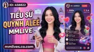Hình ảnh giới thiệu tiểu sử Quỳnh Alee trên MMLive với ID 458822. Ảnh hiển thị Quỳnh Alee cười cầm điện thoại trong studio livestream đèn LED hồng tím. Văn bản lớn "TIỂU SỬ QUỲNH ALEE MMLIVE" và domain invglobal.io được hiển thị rõ, cùng giao diện livestream bên phải với 350k người xem và 2.4 triệu tim.