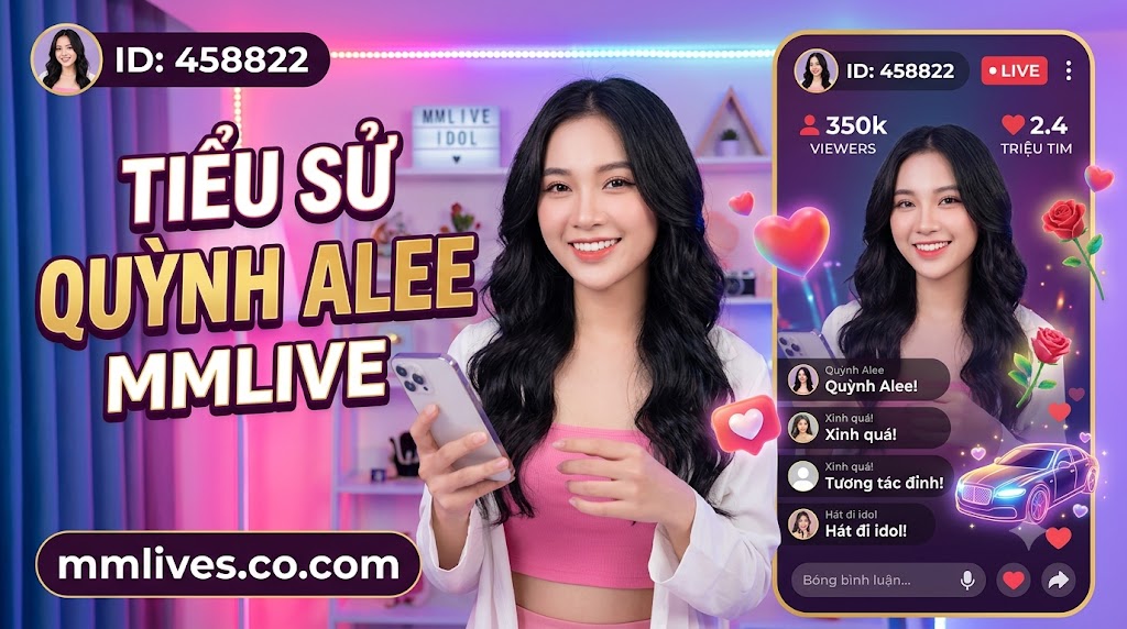 Hình ảnh giới thiệu tiểu sử Quỳnh Alee trên MMLive với ID 458822. Ảnh hiển thị Quỳnh Alee cười cầm điện thoại trong studio livestream đèn LED hồng tím. Văn bản lớn "TIỂU SỬ QUỲNH ALEE MMLIVE" và domain invglobal.io được hiển thị rõ, cùng giao diện livestream bên phải với 350k người xem và 2.4 triệu tim.