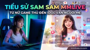 Nữ gamer MMLive Sam Sam chơi game trong phòng có đèn LED dải, bao gồm lớp phủ giao diện hồ sơ trang web và watermark 'invglobal.io'.